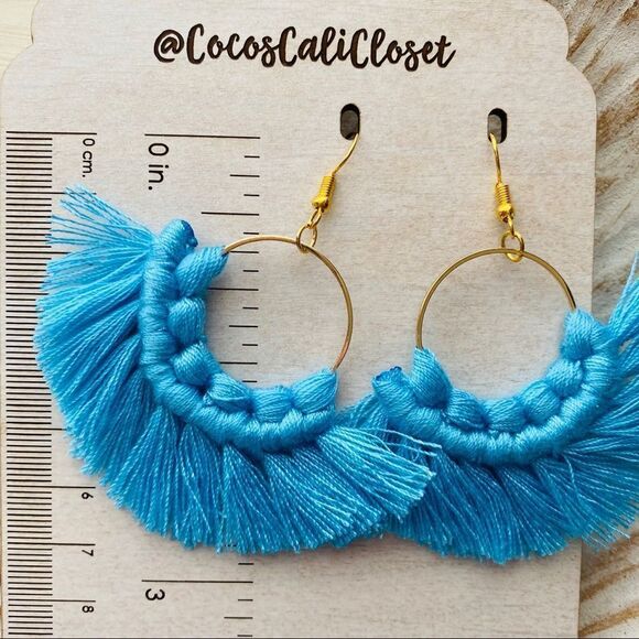 Boho Macrame Tassel Drop Hoop Earrings NWT - Picture 4 of 4